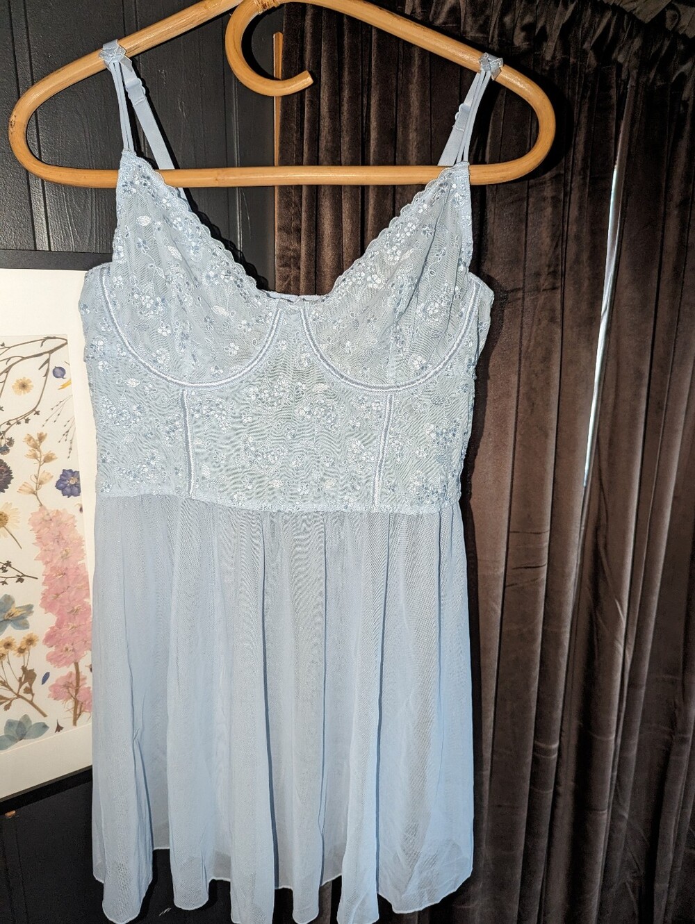 la Vie en Rose Soft Blue Lace & Mesh Lingerie Chemise Set - Women's Large - Picture 4 of 7